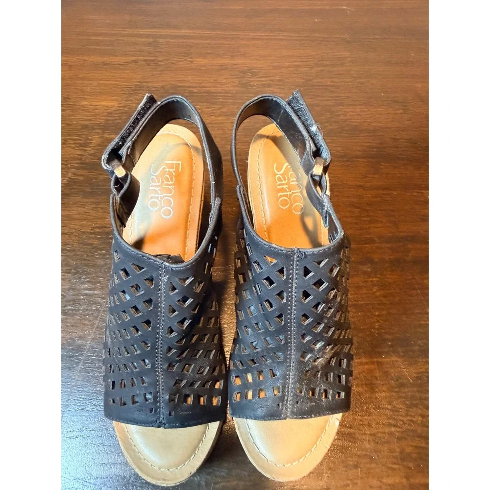 Franco Sarto Casanova Black Laser Cut Cork Wedge Platform Sandals Womens 6